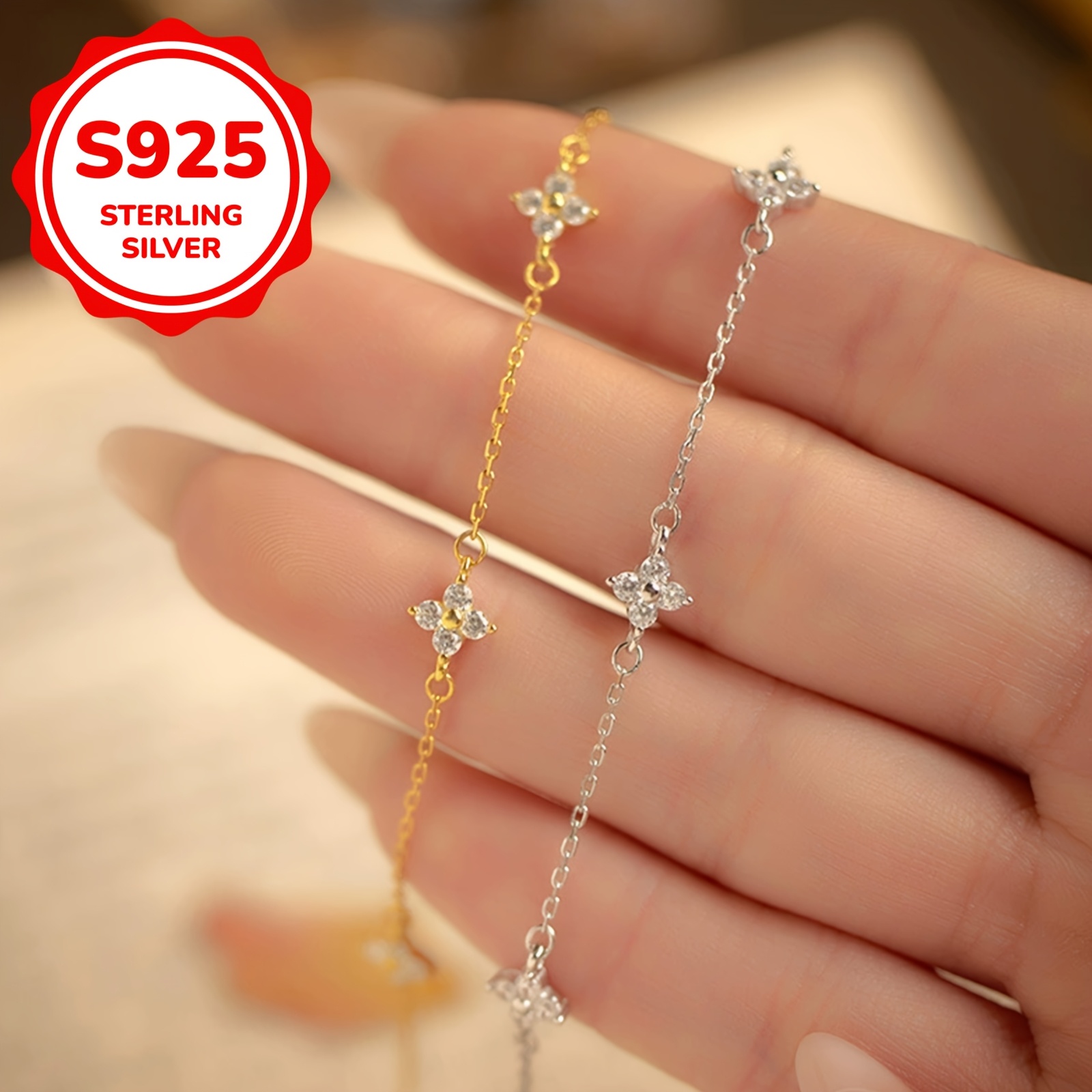 S925 Silver Sparkling Four Leaf Clover Bracelet